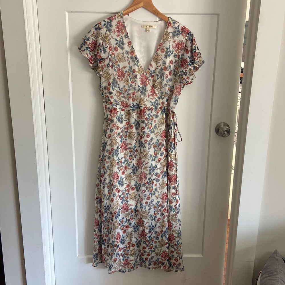 Francesca’s wrap dress, white base with beautiful floral sheer print overlayer